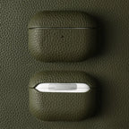 Cowhide leather AirPods case in emerald sage, front opening and charging cut-out
