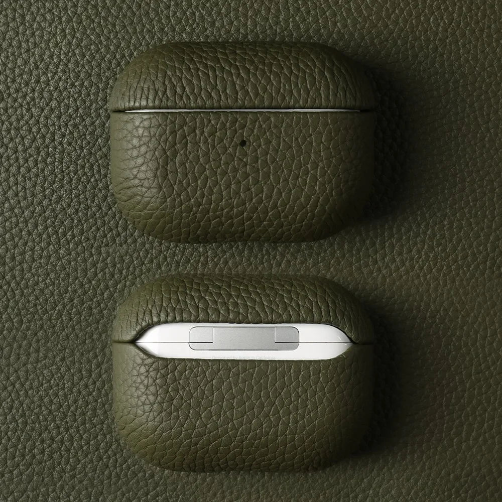 Cowhide leather AirPods case in emerald sage, front opening and charging cut-out