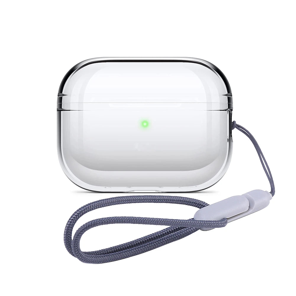 Clear AirPods case with white shell, dark edge, and blue lanyard strap