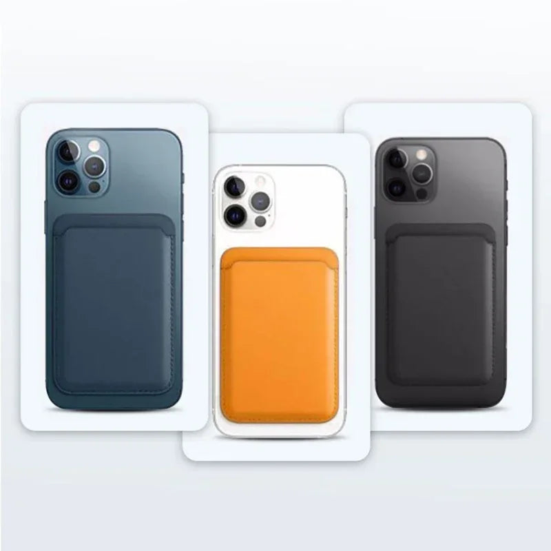 Magnetic wallet set: teal, orange, and black covers with front card windows