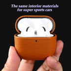 Light Brown eco leather AirPods case, open with earbuds inside