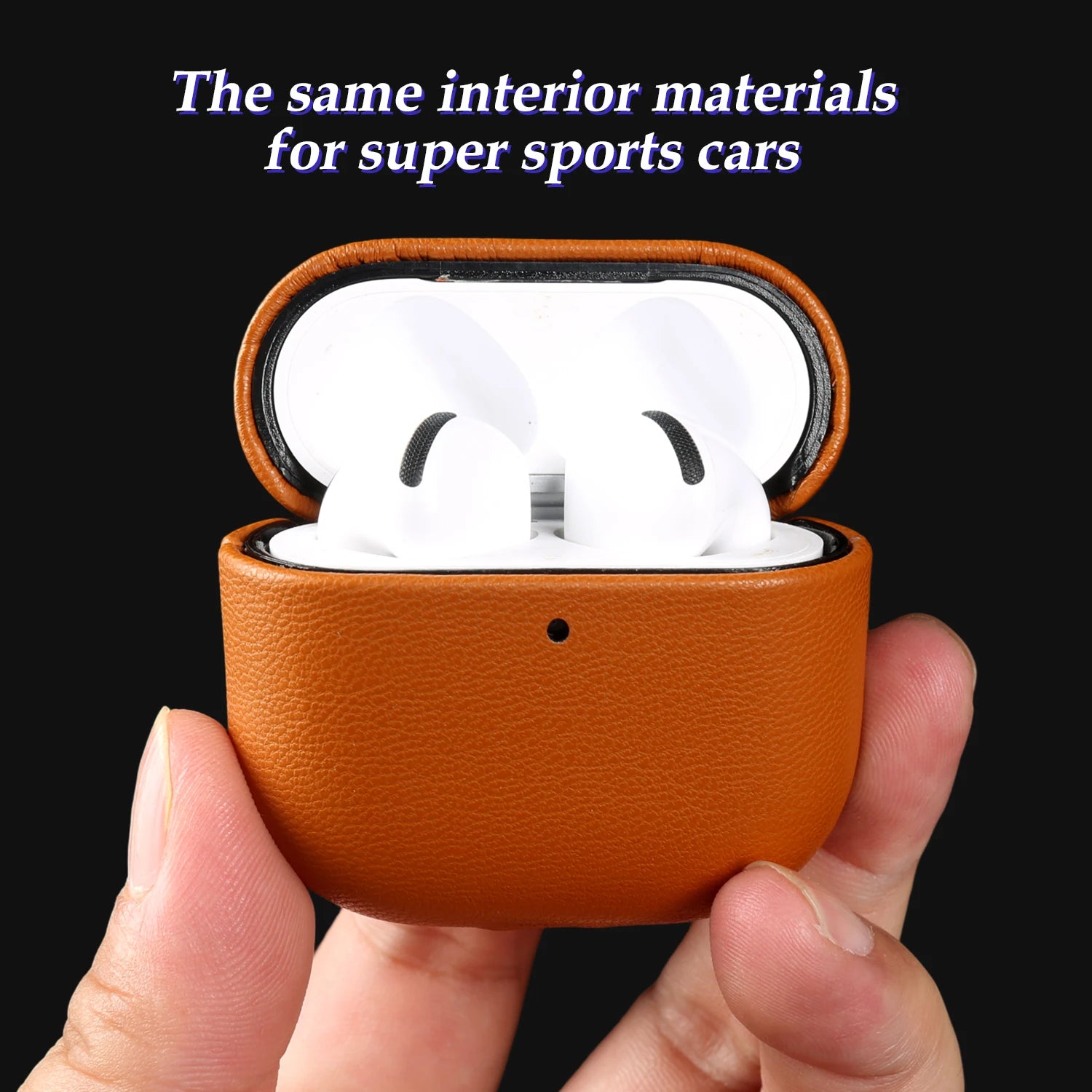 Tan eco-leather AirPods case with lid closed and small front dot detail