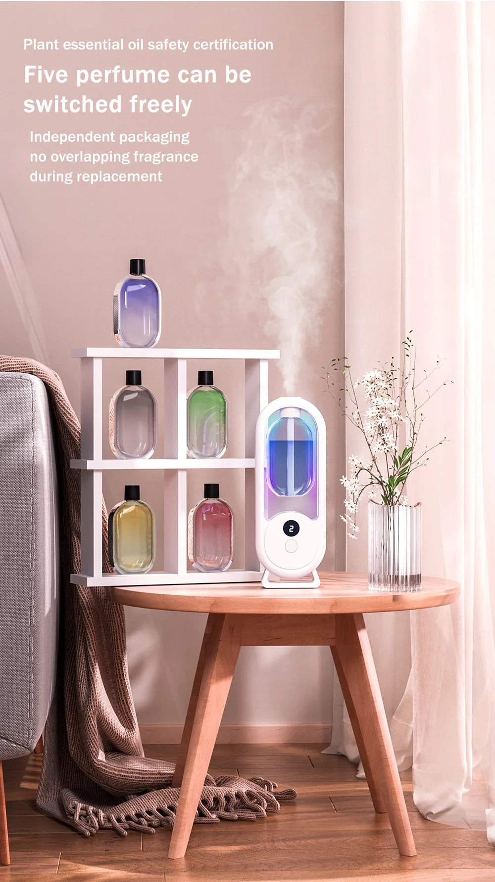 Portable aroma diffuser set with five colorful refill bottles and blue LED light