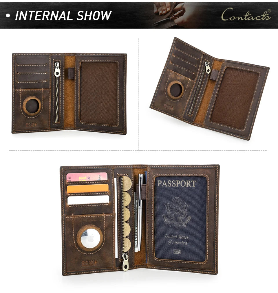 Brown leather passport wallet interior, zipper pocket, card slots, and passport compartment