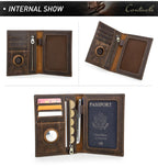 Brown leather passport wallet interior, zipper pocket, card slots, and passport compartment
