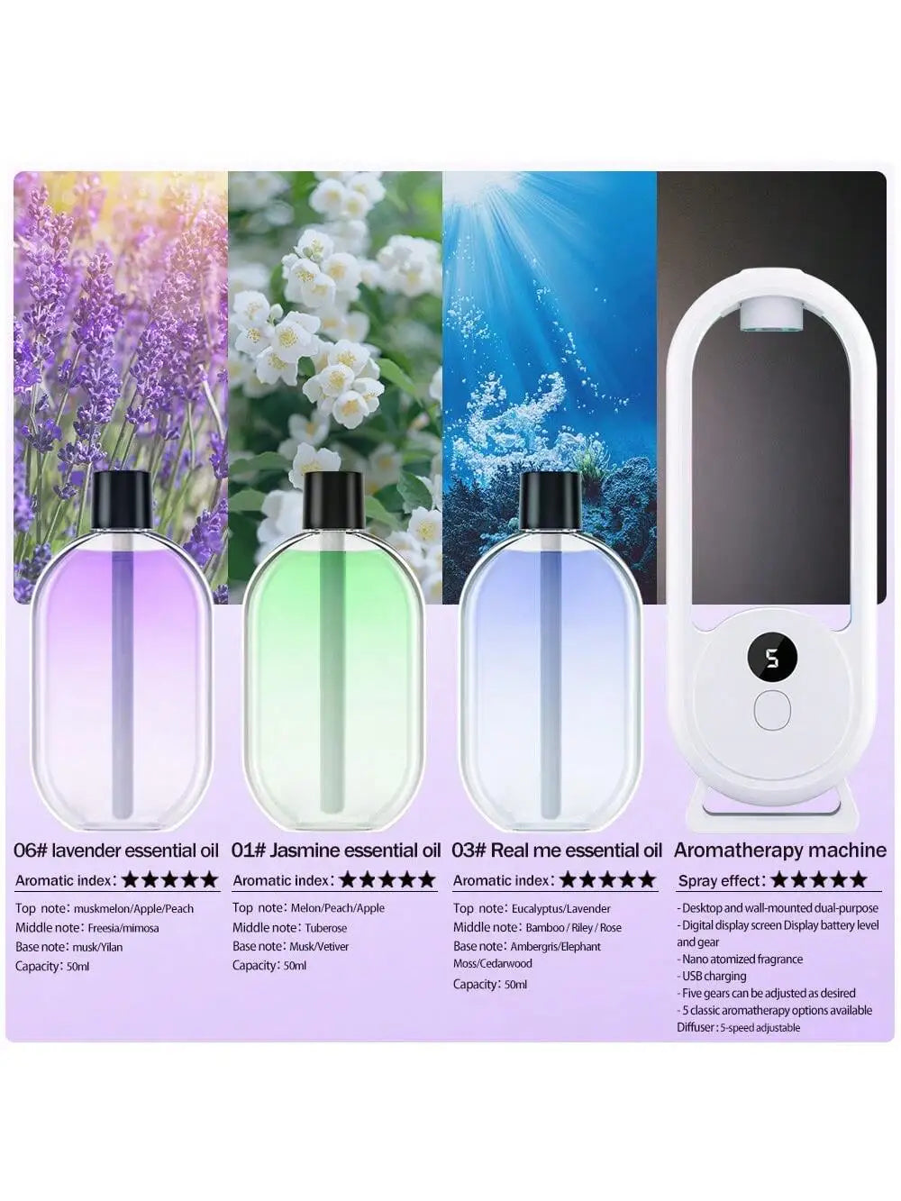 Aroma diffuser set with refill oils: lavender (purple), jasmine (green), Real Me (blue)