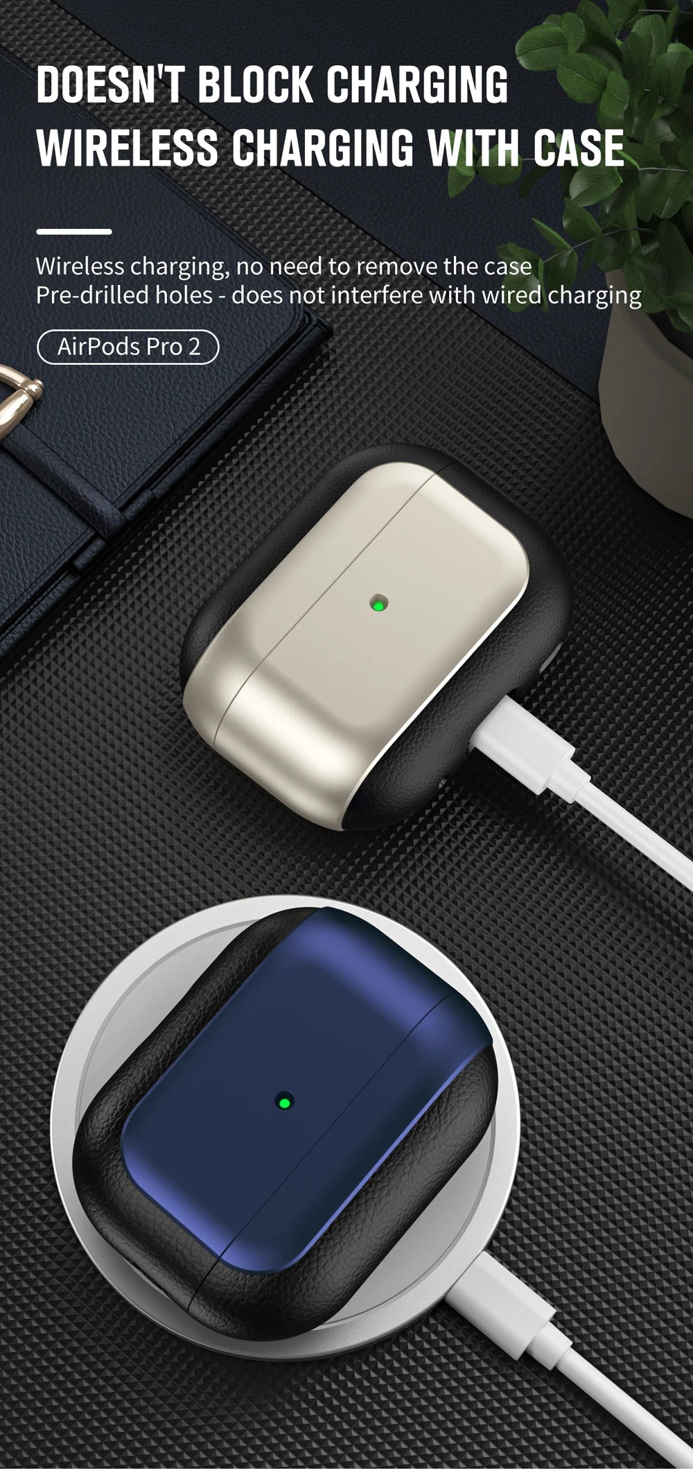 Champagne gold AirPods case with black leather edges on charging cable