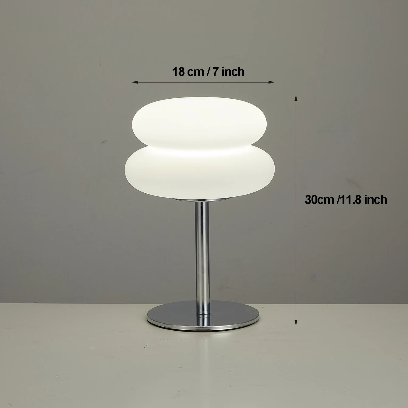 Mushroom USB ambient table lamp size shown: 18 cm wide, 30 cm tall, double shade.