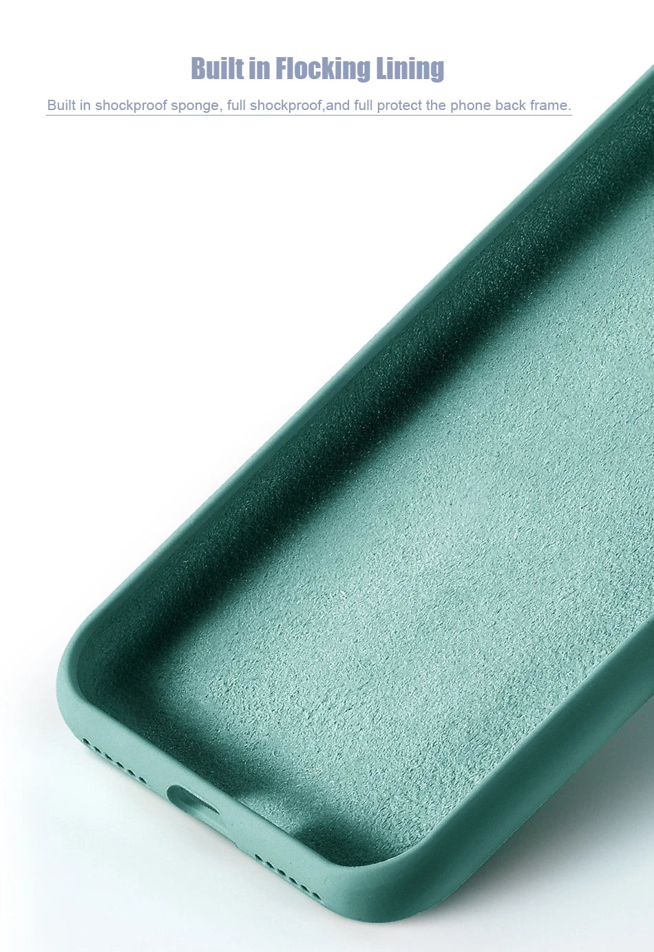 Silicone MagSafe phone case in teal-green with textured interior lining and edge protection