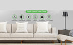 Black wireless touch table lamp with fabric shade beside sofa