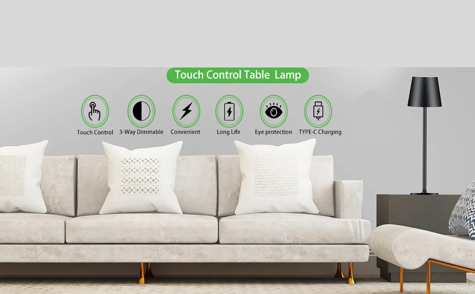 Black wireless touch table lamp with fabric shade beside sofa
