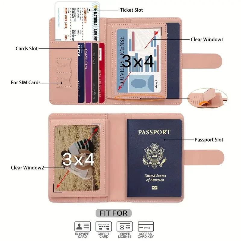 Blush pink passport folio interior with passport slot, clear windows, and card compartments