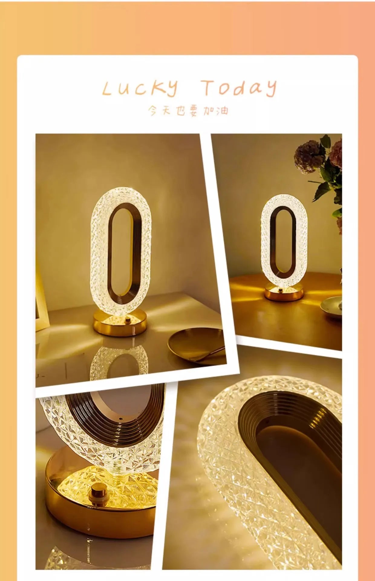 Pearl white oval decorative lamp with gold base, angled close-up view