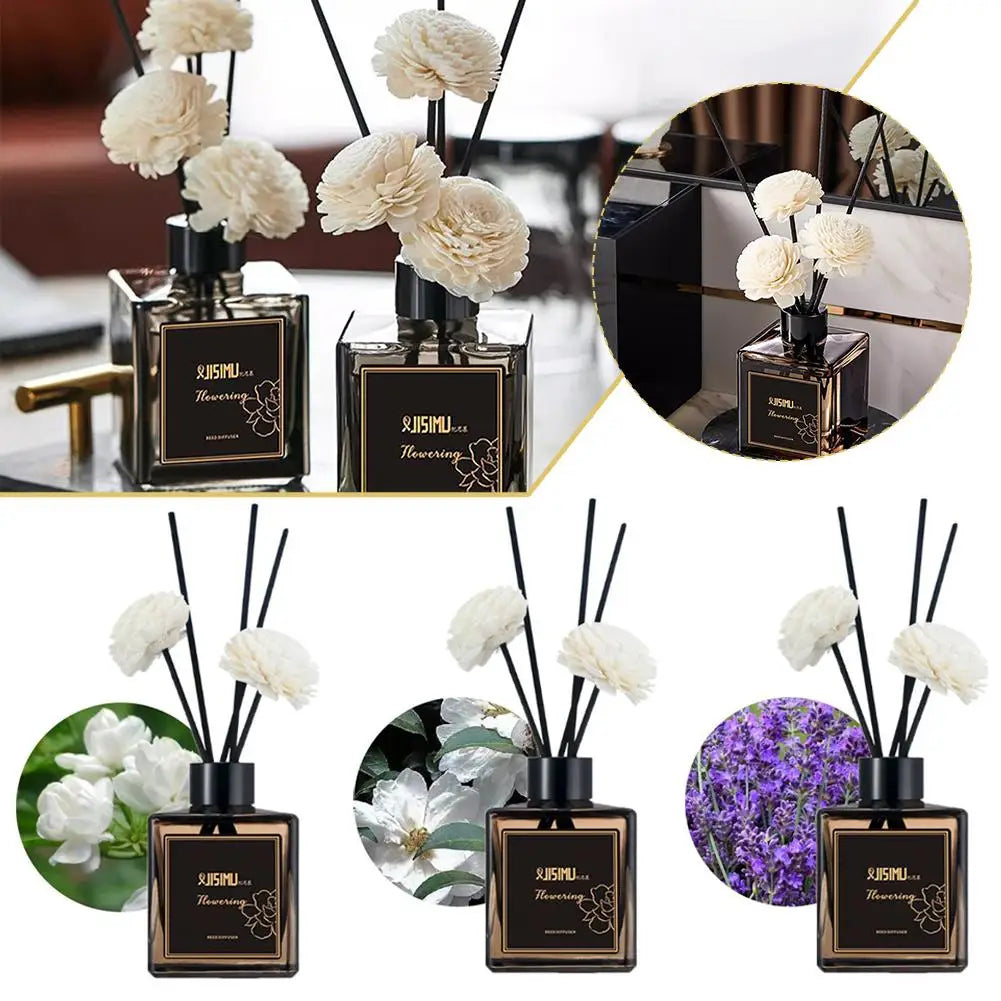 Classic reed diffuser set, 50ml bottles with black caps and white flower reeds