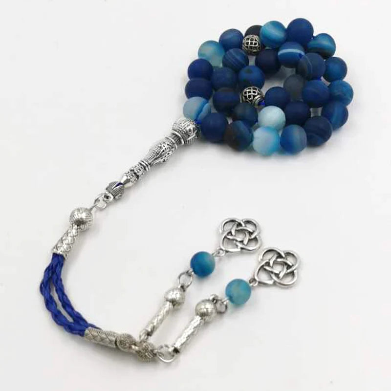 Blue agate prayer bead rosary with silver-tone spacers, round beads, tassel ends