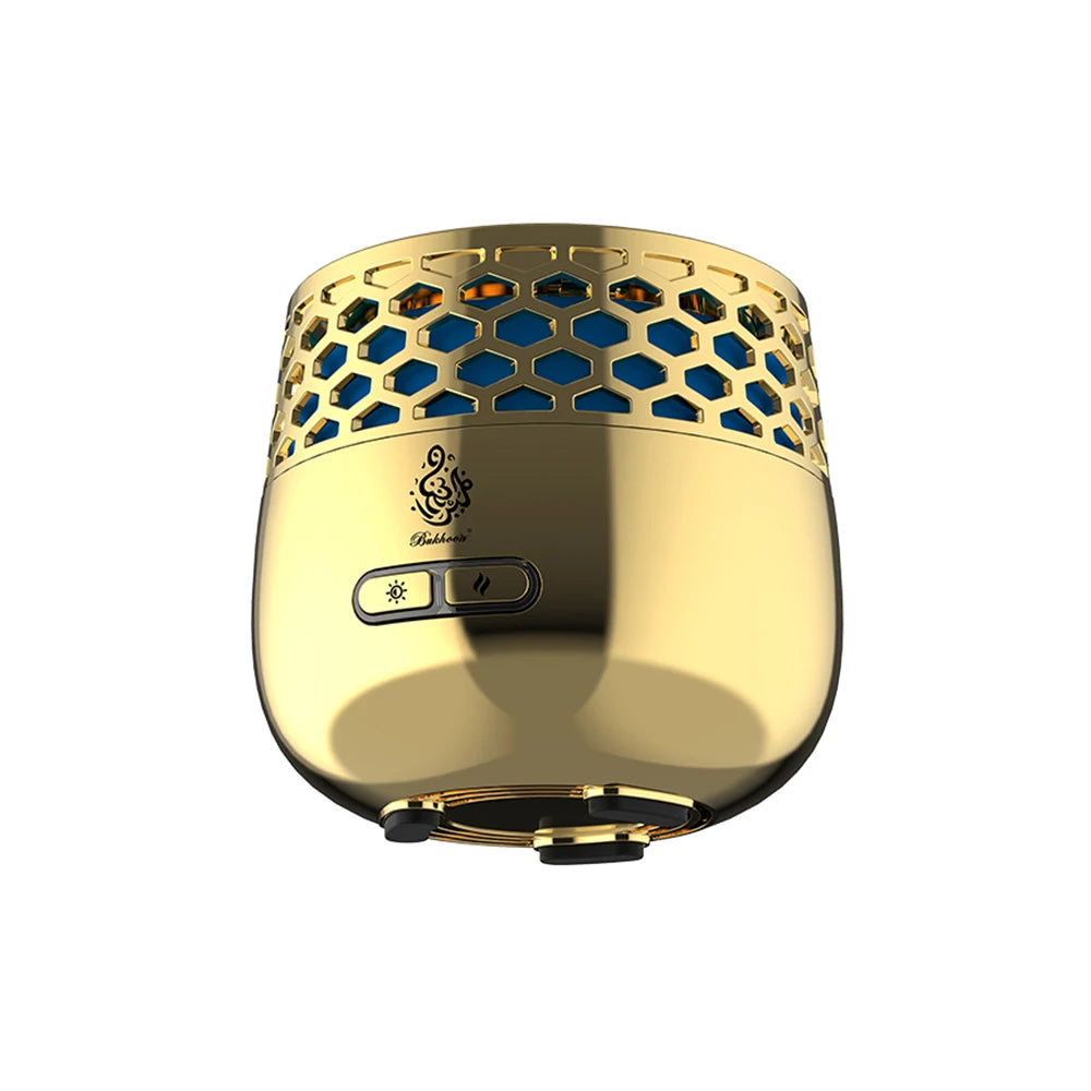 Seven-Light electric bakhoor burner with gold base and blue hex light top panel
