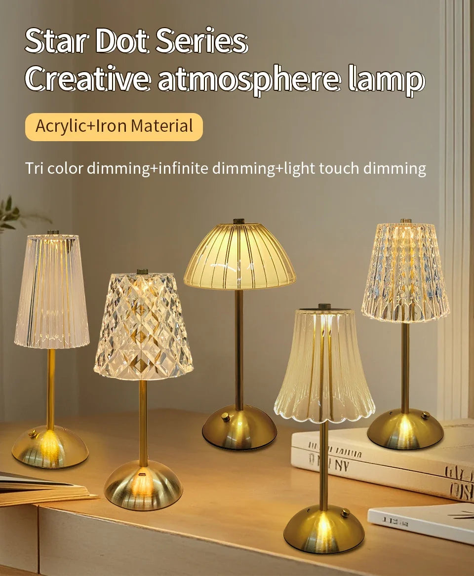 Cordless night lamp set with gold bases and clear pleated acrylic shades