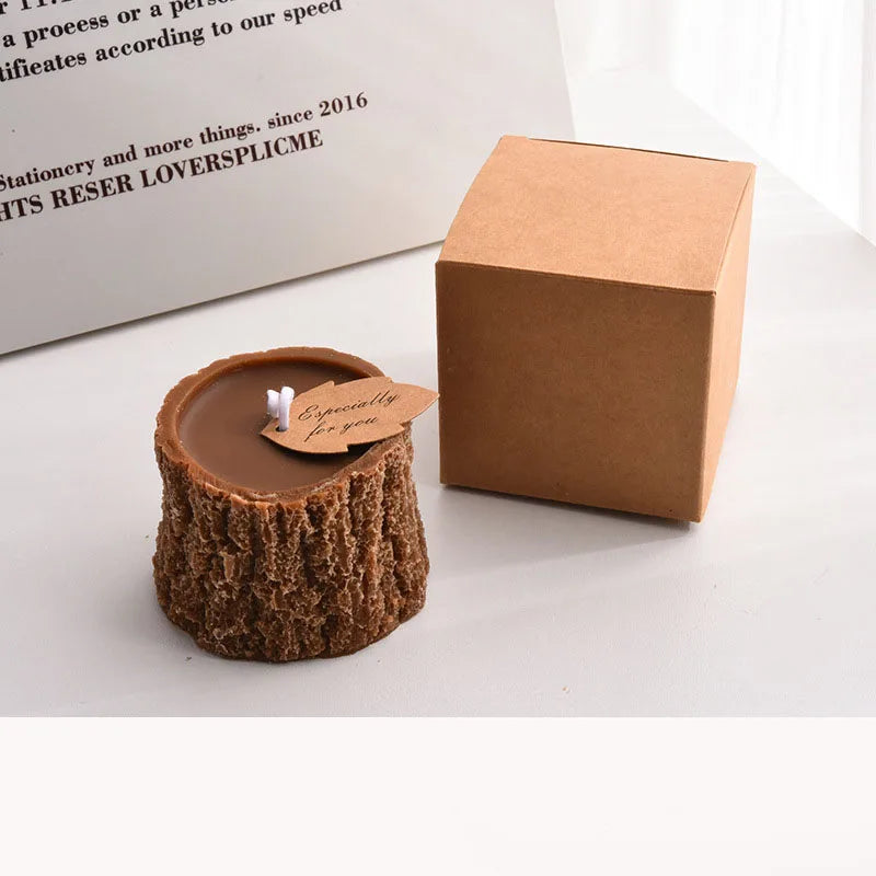 Woodland Tree Stump scented candle beside a kraft box, gift-ready set