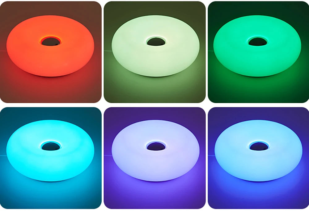 Color options for donut table lamp shown in red, green, teal, blue, purple, and more