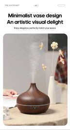 Dark wood grain 300ml ultrasonic aroma diffuser releasing a fine mist