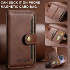 Brown leather phone wallet with side card holder and magnetic closure snap
