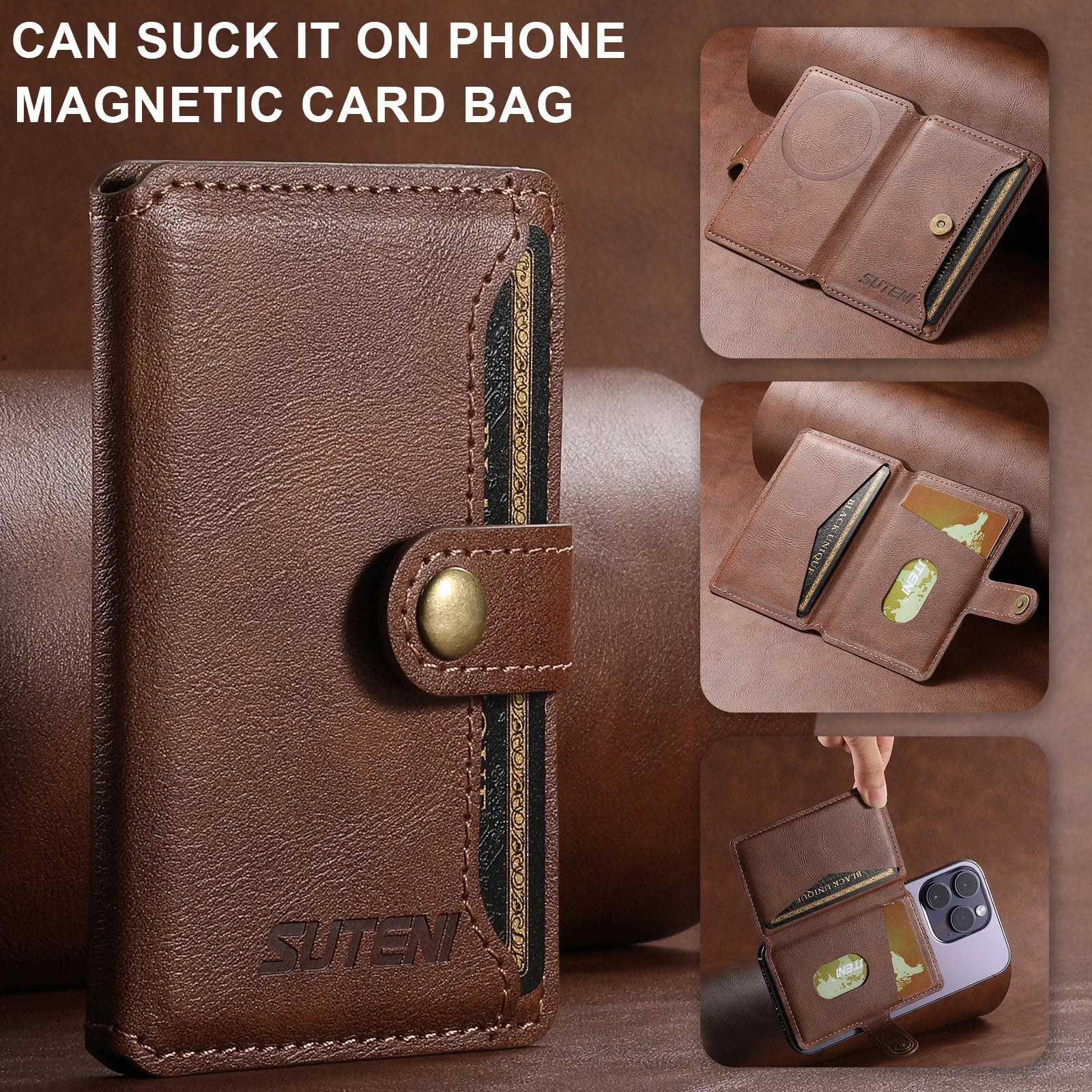 Brown leather phone wallet with side card holder and magnetic closure snap