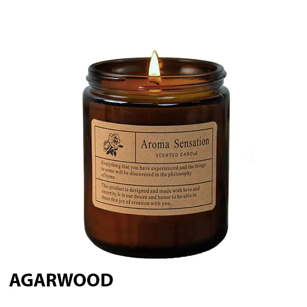 Luxury glass cup scented candle in amber jar, "Agarwood" label