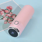 Pink 400ml smart thermos with digital temperature display and chrome ring