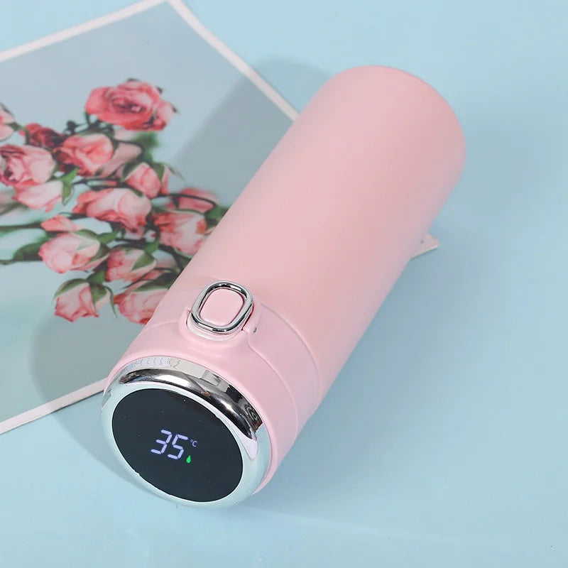 Pink 400ml smart thermos with digital temperature display and chrome ring