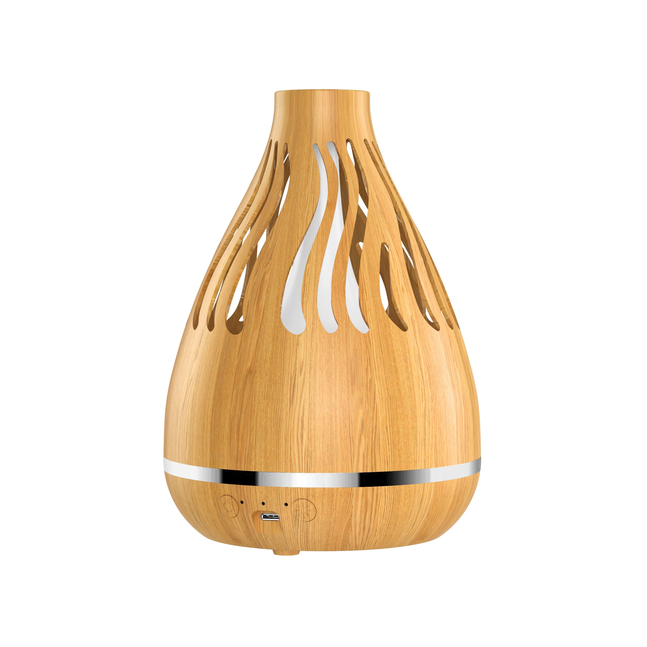 Wood-grain aroma diffuser humidifier, front view with vented top and control panel.