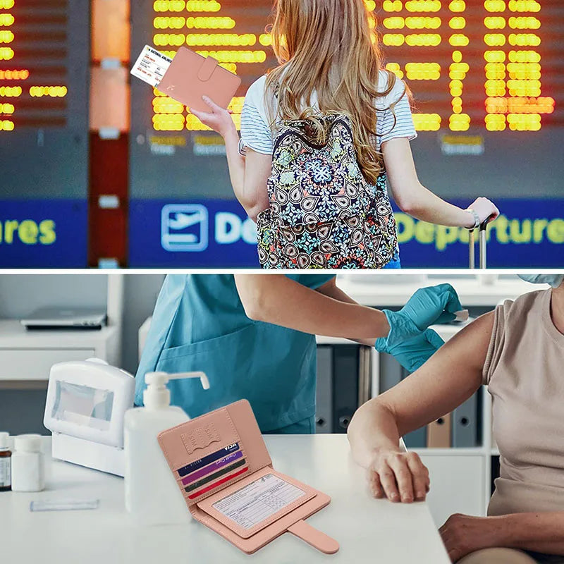 Blush pink passport folio in use, holding cards and passport while traveling
