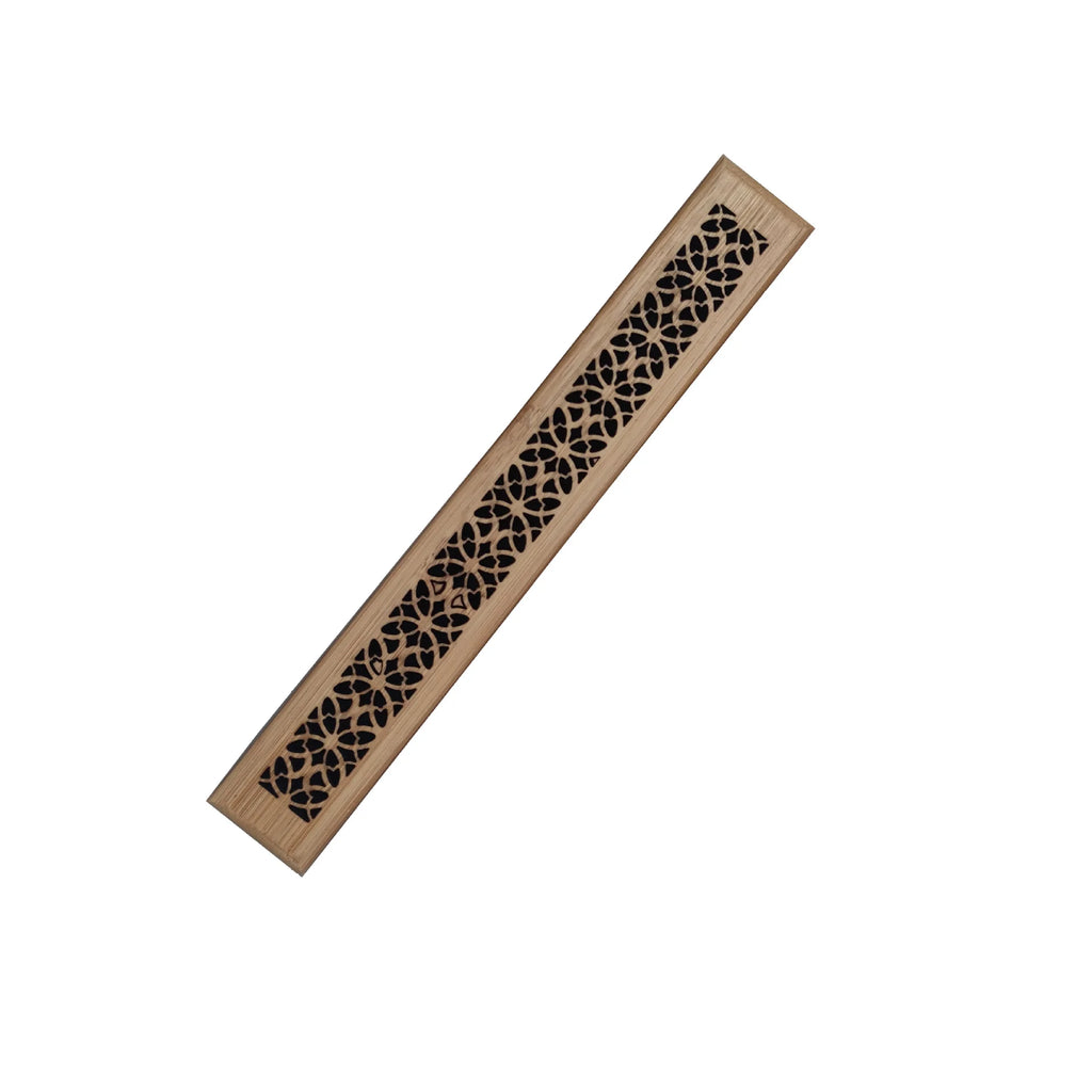 Bamboo incense box holder with floral lattice cutout strip