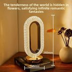 Pearl white crystal oval lamp on wooden nightstand, warm romantic glow