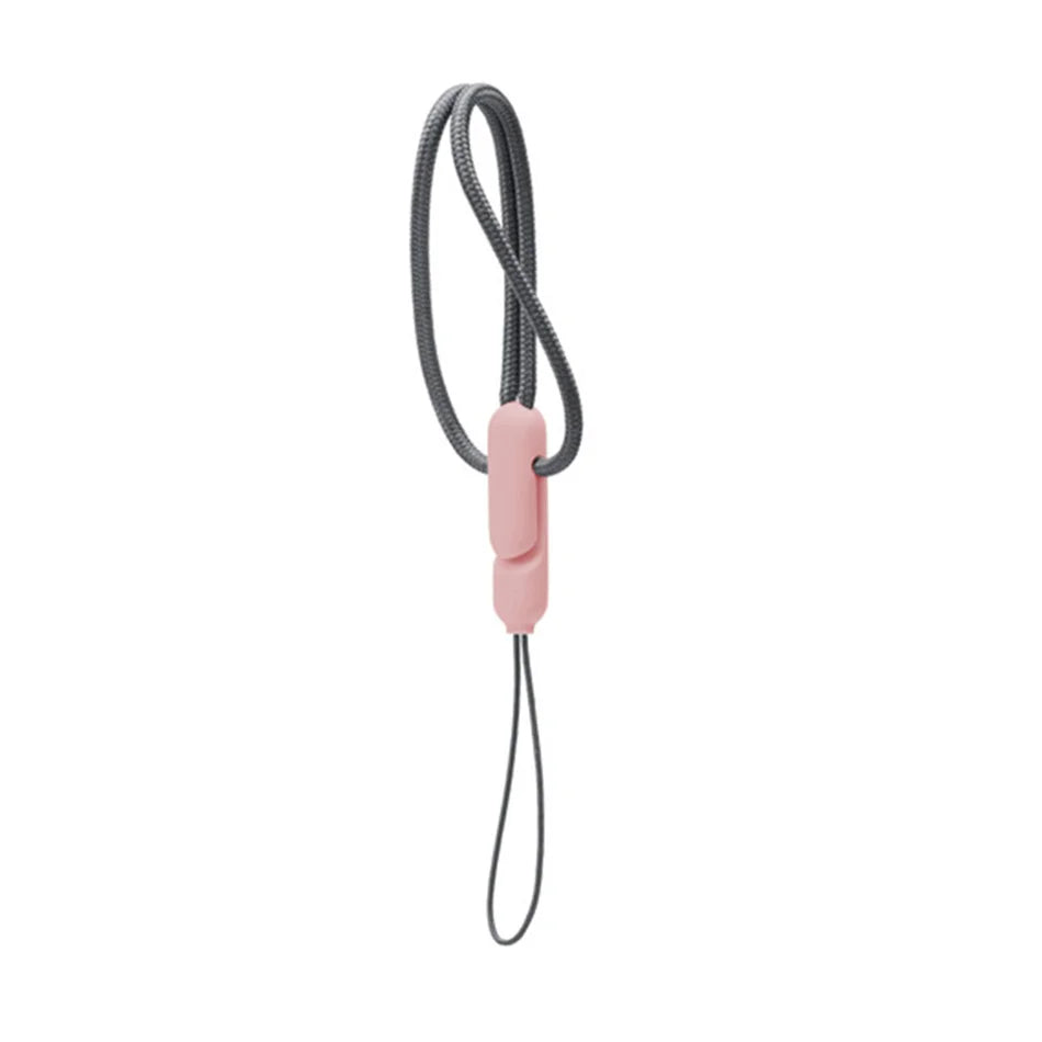 Pink silicone lanyard for AirPods case with dark braided cord and loop