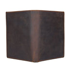 Compact travel document wallet, dark brown top view with stitched border