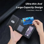 Black card wallet with multiple slots and a clear photo window