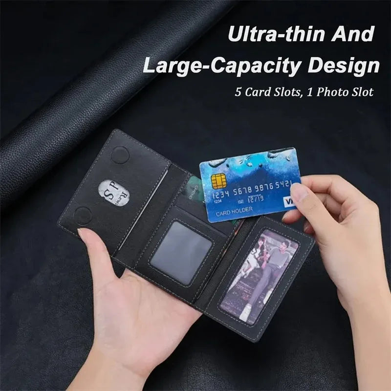 Black card wallet with multiple slots and a clear photo window