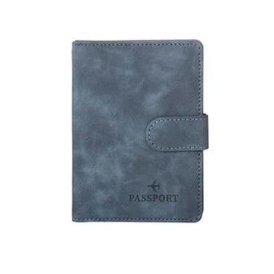 Passport folio organizer with side strap, blue-gray leather-look cover and stitched edges