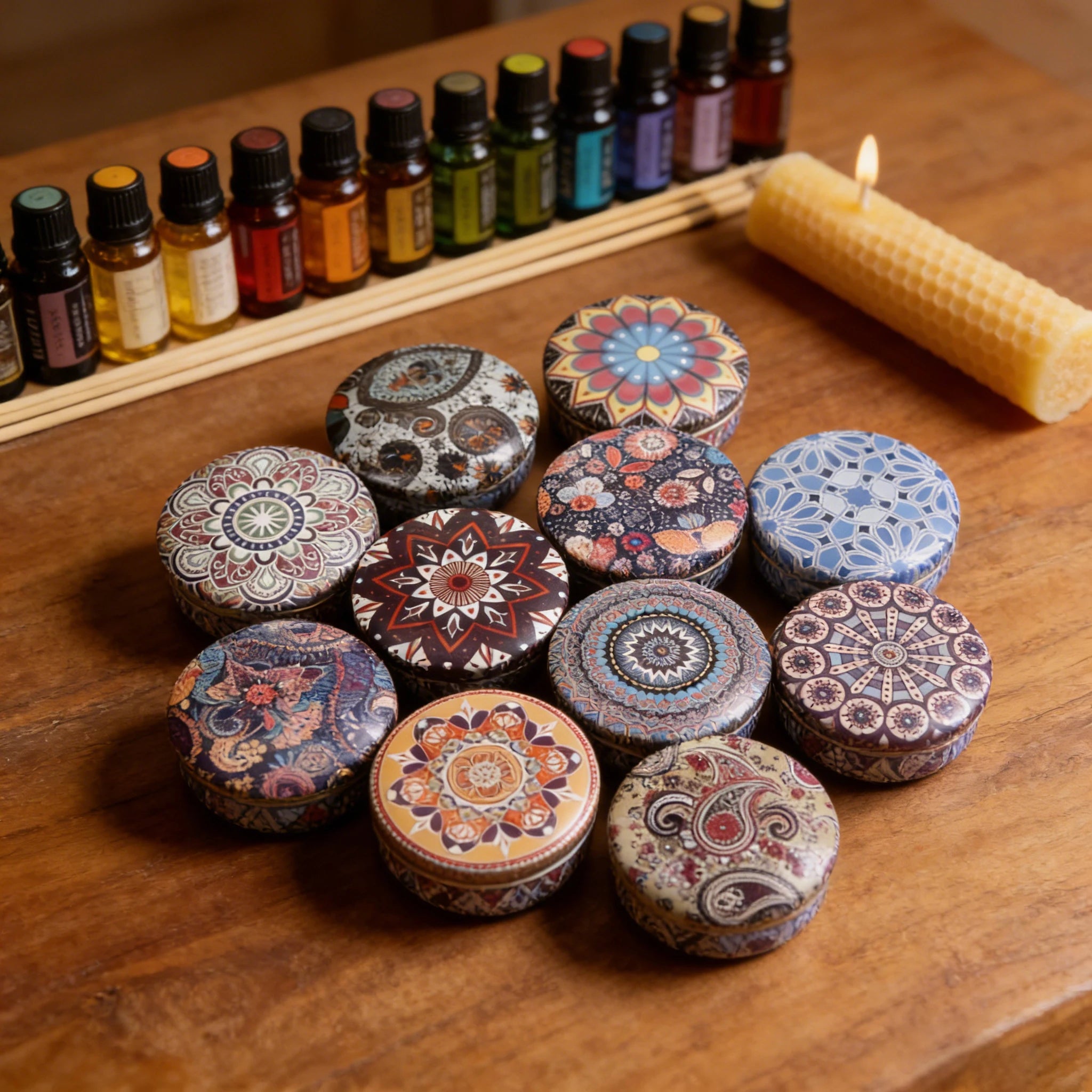 Assorted patterned tin candle lids with geometric mandala patterns