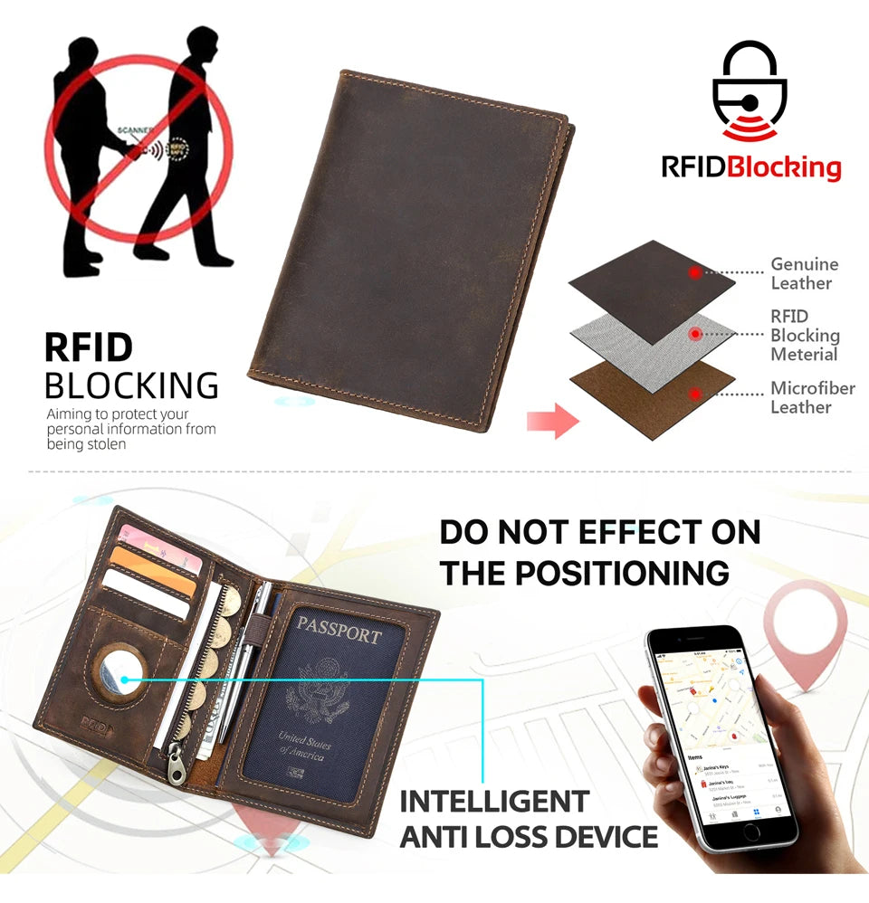 Brown leather passport wallet with RFID blocking and genuine leather protection graphic