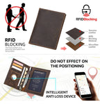 Brown leather passport wallet with RFID blocking and genuine leather protection graphic