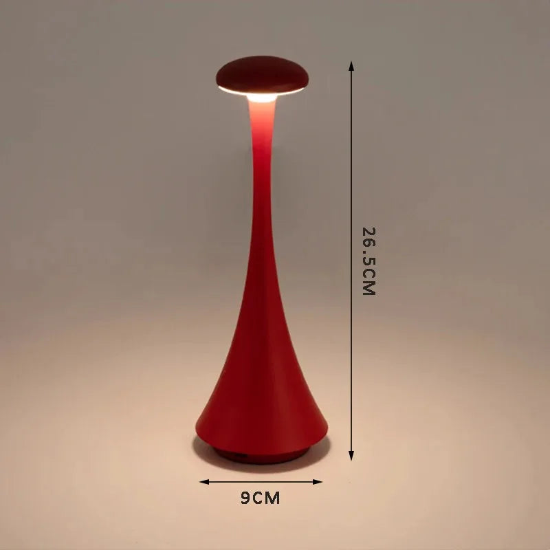 Ruby red cordless mushroom touch table lamp, about 26.5 cm tall; 9 cm base width.