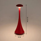 Ruby red cordless mushroom touch table lamp, about 26.5 cm tall; 9 cm base width.
