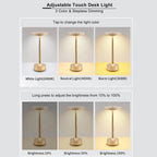 Champagne gold wireless touch lamp display of white, neutral, and warm light settings