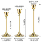 Gold trio candle holder set size diagram, three tall metal stands
