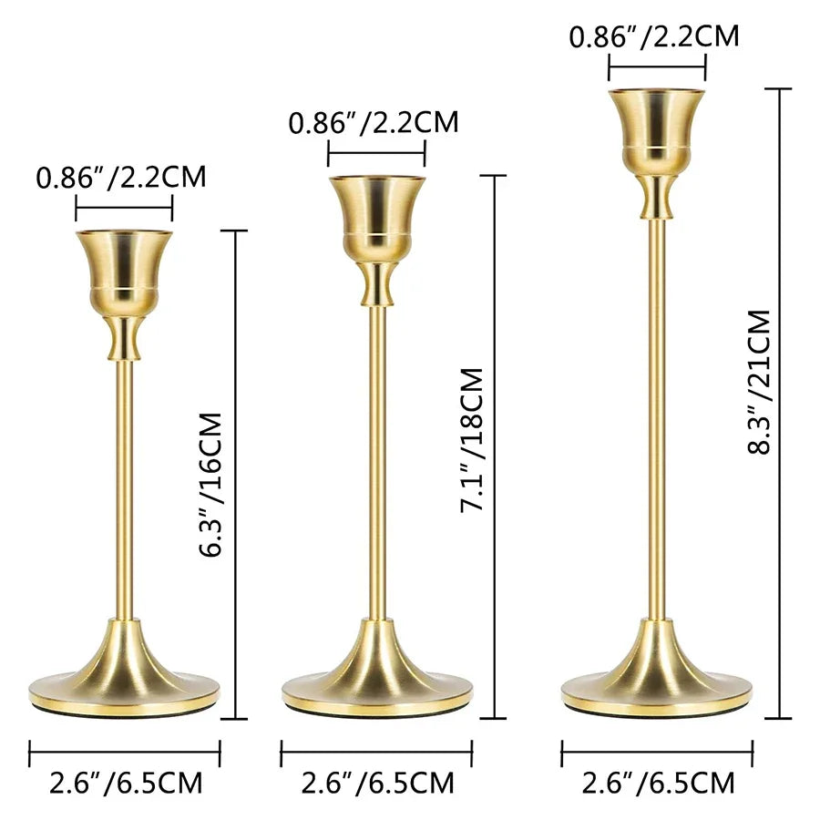 Gold trio candle holder set size diagram, three tall metal stands