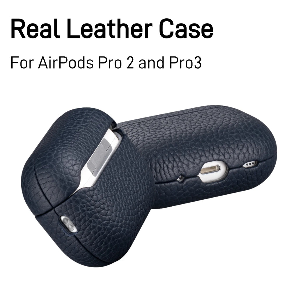 Dark blue leather AirPods case, side view with snap hinge and charging port opening