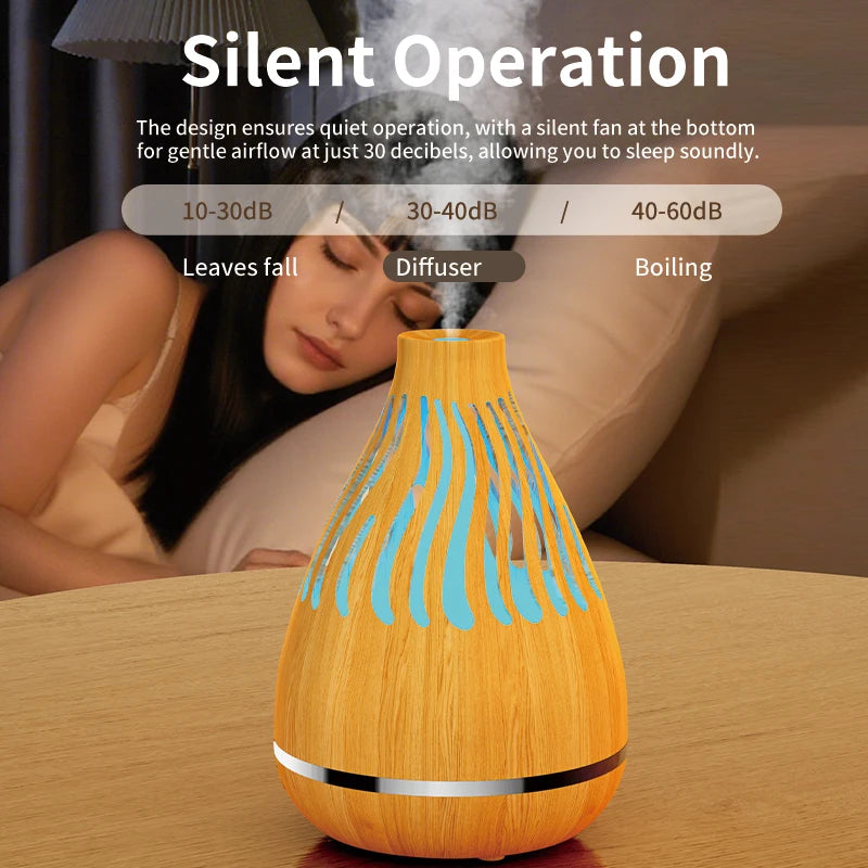 Wood grain aroma diffuser with blue glowing mist vents, releasing visible mist.