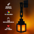Pixel lantern night light, black frame with warm orange glow windows and hanging top