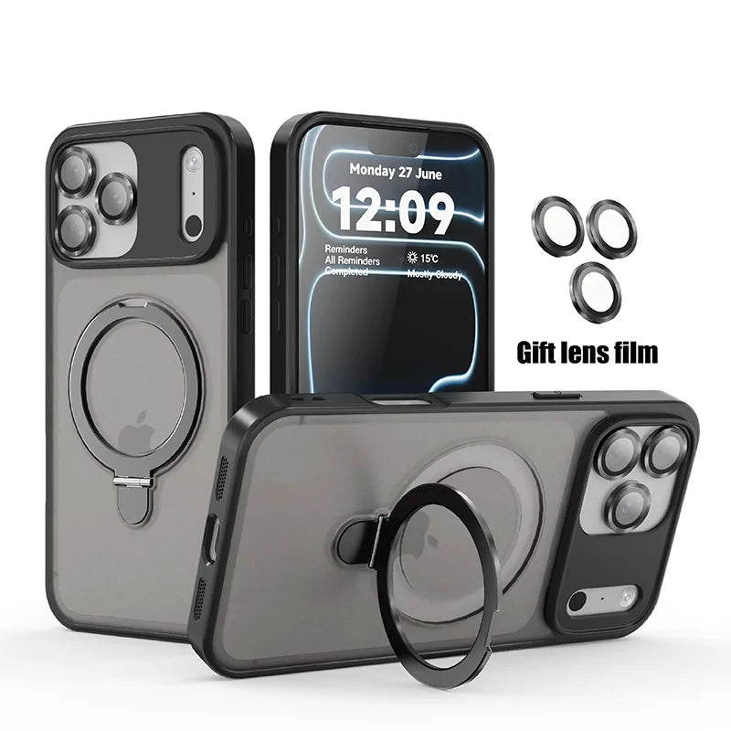 Matte MagSafe phone case with ring holder, charcoal gray finish, camera cutouts and raised edges